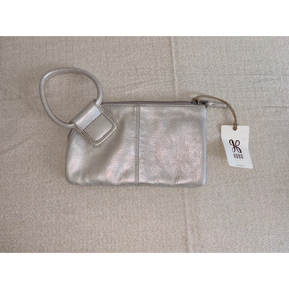 HOBO Wristlet Clutch Small Silver NEW Metallic Leather Circular Handle Bag